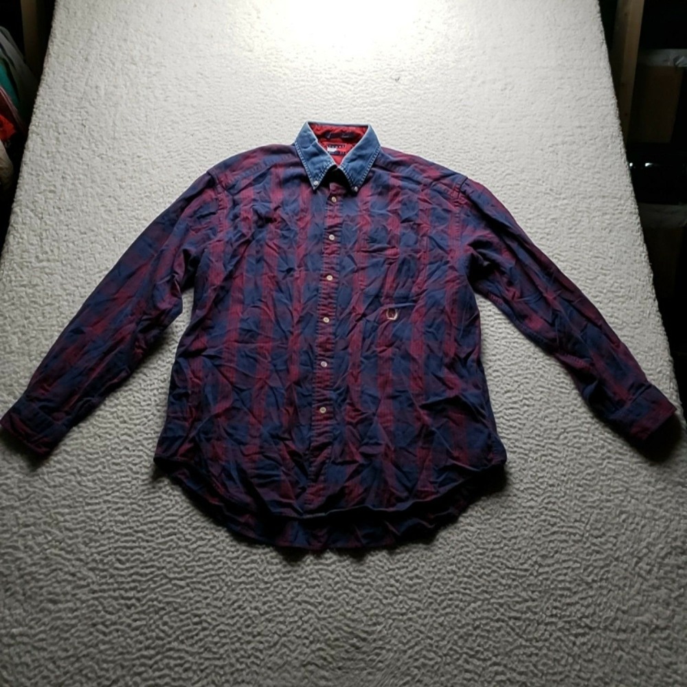 Tommy Hilfiger Shirt Mens Large Blue Plaid Denim Collar Long Sleeve Button-Up
